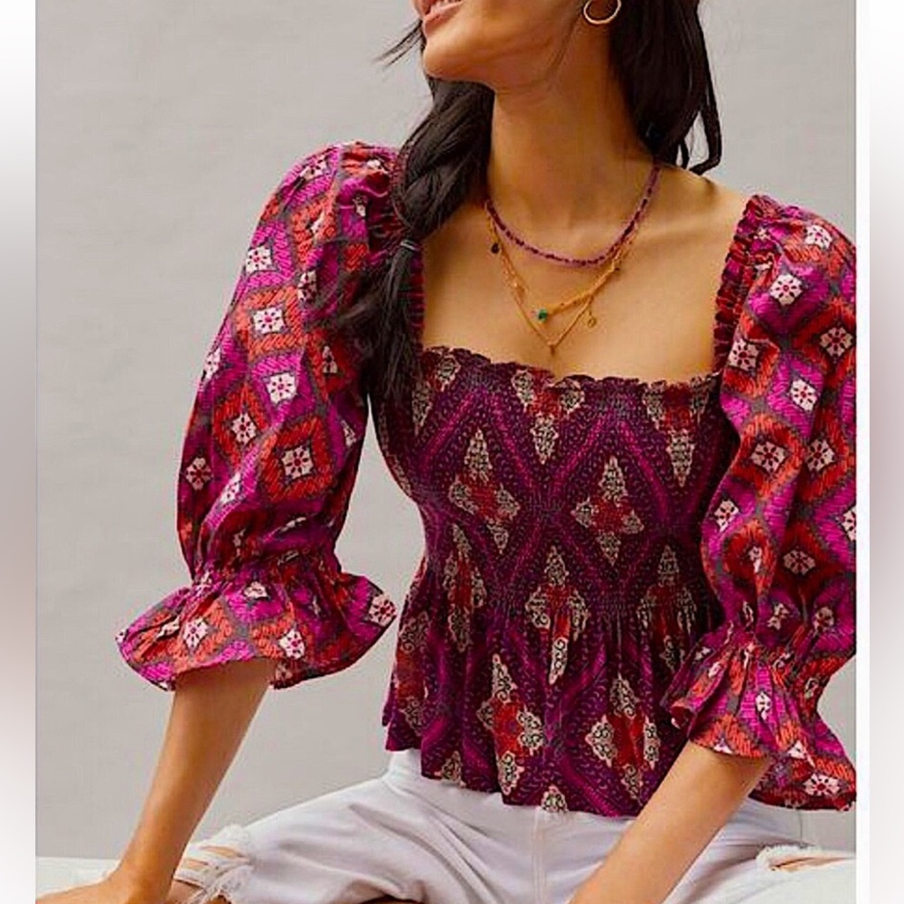 Anthropologie Conditions Apply Smocked Puff Sleeve Geometric Blouse Top Small